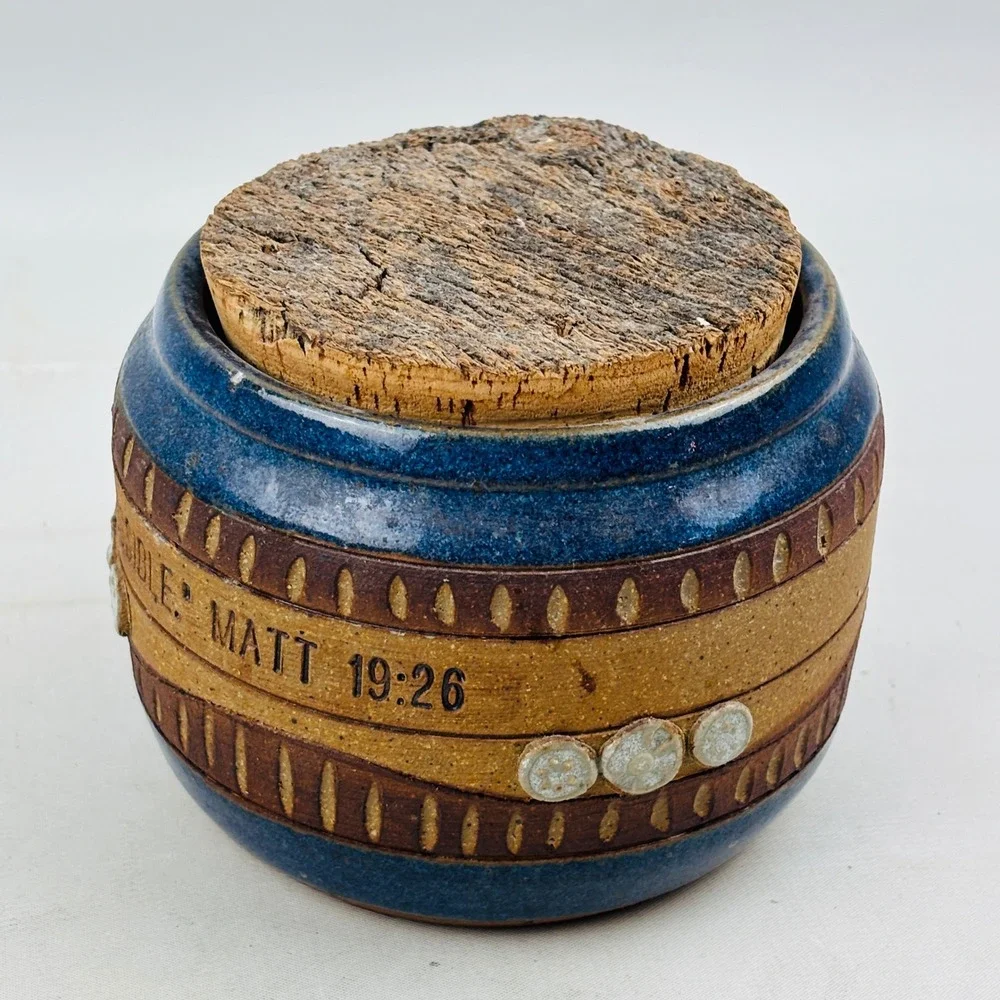Down to Earth Pottery‎ Blue Brown Jar Cork Lid With God All Things Are Possible